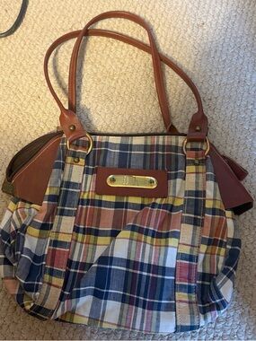 Vintage - DAVEY’S Plaid handbag  with Brown Leather Trim